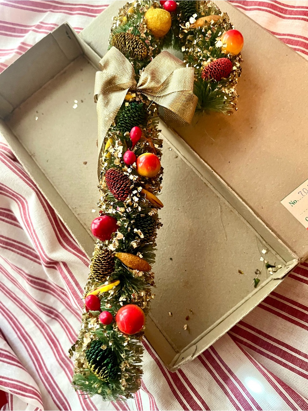 Mid-Century Green Bottle Brush Christmas Candy Cane